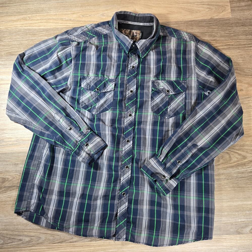 RealTree Xtra Pearl Snap Shirt Mens XL Blue Plaid Long Sleeve Western Outdoor